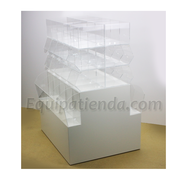 Isla central de exhibición con cubos superiores abiertos, carameleras laterales con tapa deslizante y contenedores inferiores abiertos.