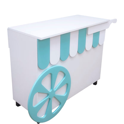 Mostrador carrito de 113x50x95cm, con ruedas, fabricado a medida en melamina. Ideal para ferias y eventos.