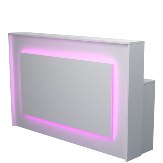 Mostrador de recepción moderno en color blanco con iluminación LED frontal en tono personalizable.