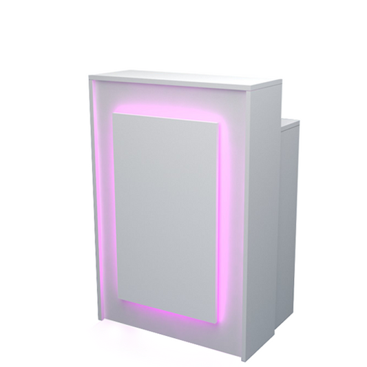 Mostrador compacto en color blanco con iluminación LED frontal en tono rosa, ideal para recepciones y tiendas.