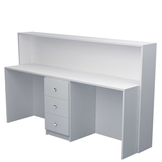 Mostrador de recepción en color blanco con cajonera de tres cajones y repisa superior.