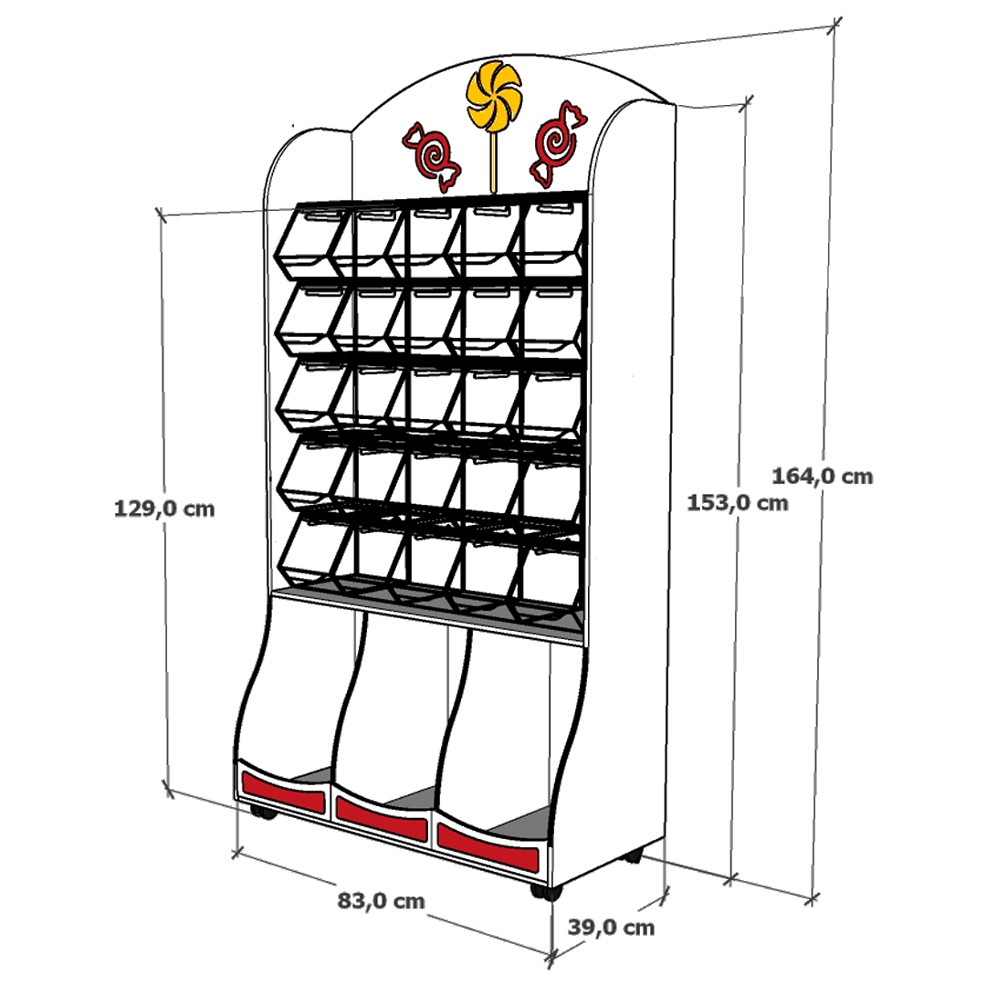 Mueble expositor para golosinas con 25 carameleras de metacrilato y ruedas, ideal para tiendas de chuches.
