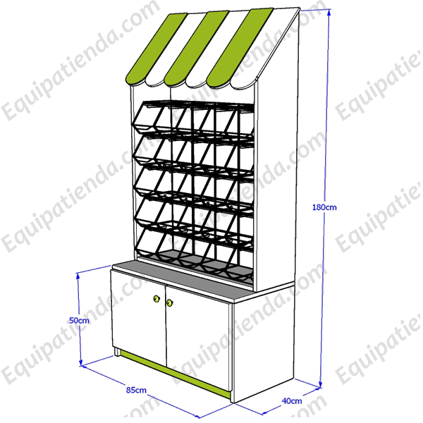 Mueble expositor con carameleras de metacrilato y almacenamiento inferior con puertas.