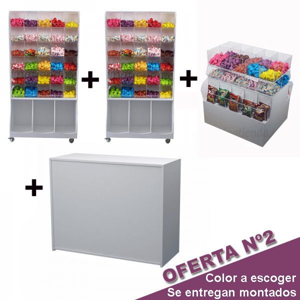 Pack de mobiliario para tienda de golosinas con expositores móviles, mostrador con estantes y isla central con compartimentos de metacrilato.