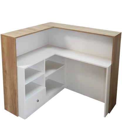 Mostrador de recepción en L de 130x110x40cm, altura 75/115cm, en melamina. Fabricado a medida para tiendas y oficinas.