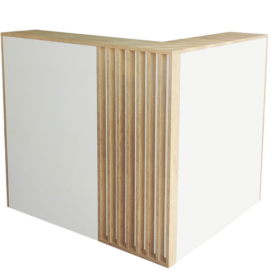 Mostrador de Recepción - 130 cm x 110 cm (de lado) x 40 cm (profundidad) x 75/115 cm (altura).