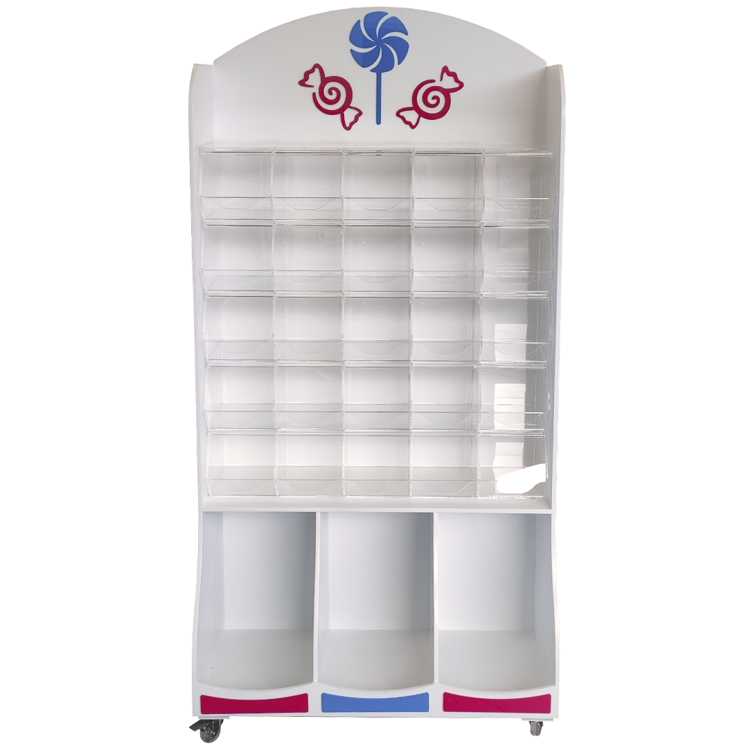 Mueble expositor para golosinas con 25 carameleras de metacrilato y ruedas, ideal para tiendas y eventos.