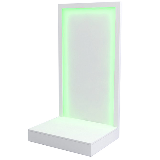 Mueble para escaparate en melamina con iluminación LED integrada y panel vertical blanco.