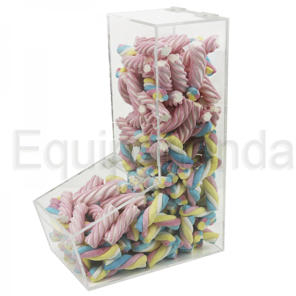 Tolva pequeña de metacrilato transparente con tapa, ideal para la exhibición y autoservicio de golosinas y productos a granel.
