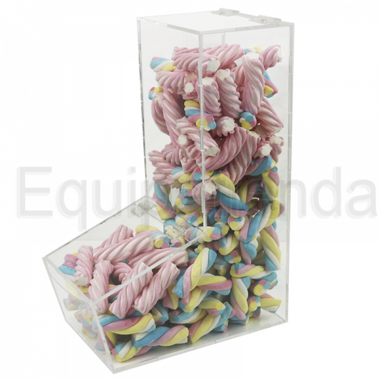 Tolva pequeña de metacrilato transparente con tapa, ideal para la exhibición y autoservicio de golosinas y productos a granel.
