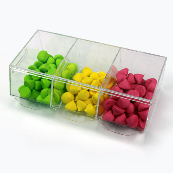 Carameleras modulares triples de metacrilato transparente con tapas abatibles para tiendas de golosinas y autoservicio