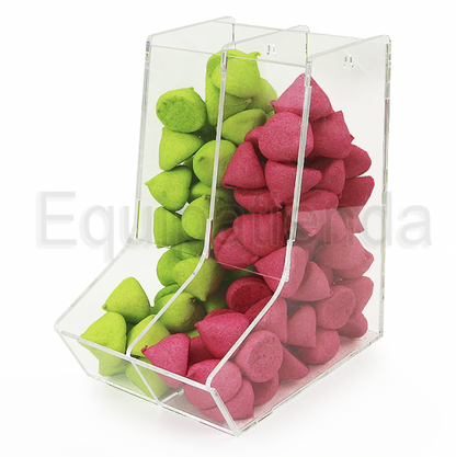 Tolva pequeña de metacrilato de 16x23,6x30cm, sin tapa, con 2 divisiones. Fabricada a medida para tiendas de golosinas.