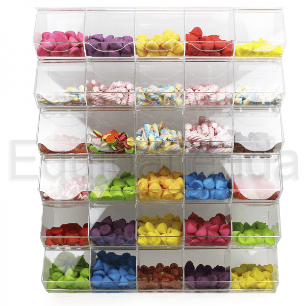 Módulo expositor de carameleras de metacrilato transparente con tapas abatibles, ideal para golosinas y productos a granel.
