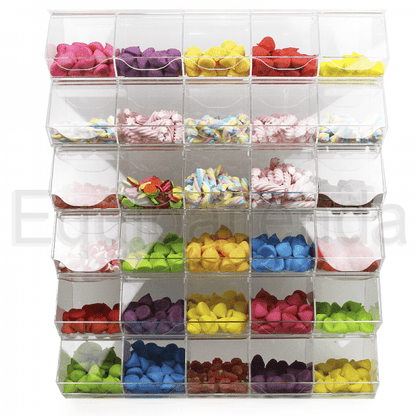 Pack de 6 módulos de 30 carameleras de 80x25x100cm, en metacrilato y melamina. Oferta de ahorro para tiendas de golosinas.