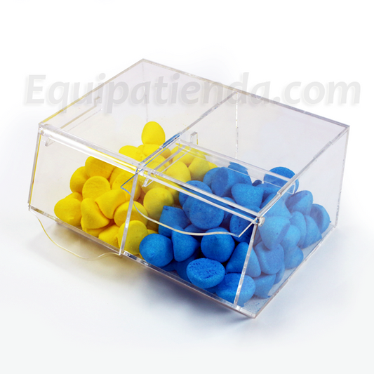Carameleras modulares dobles de metacrilato transparente con tapas abatibles para productos a granel. Fabricación propia y a medida.