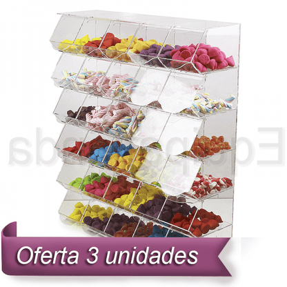 Pack de 3 módulos de 30 carameleras de 80x25x100cm, en metacrilato y melamina. Oferta de ahorro para tiendas de golosinas.