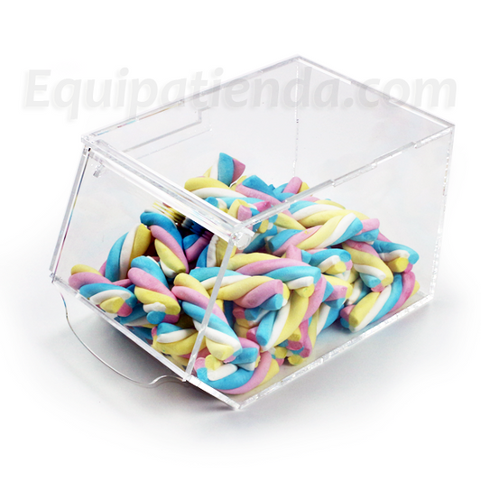 Caramelera transparente individual con tapa abatible. Para tiendas de golosinas y productos a granel.