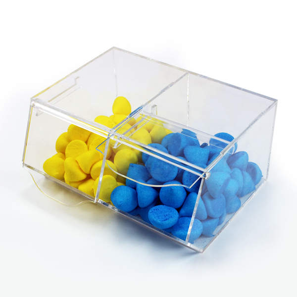 Carameleras modulares dobles de metacrilato con tapa abatible. Fabricación propia y a medida