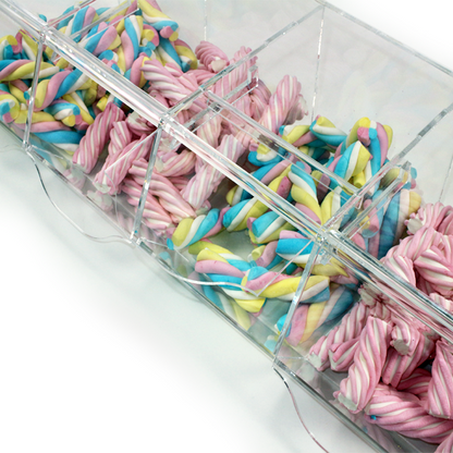 Línea de carameleras de metacrilato de 64x25x16,6cm, fabricadas a medida. Ideales para tiendas de golosinas.