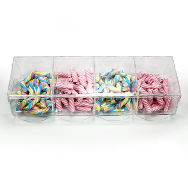 Carameleras modulares de metacrilato transparente con tapas abatibles y diseño apilable. Ideal para tiendas de golosinas o frutos secos.
