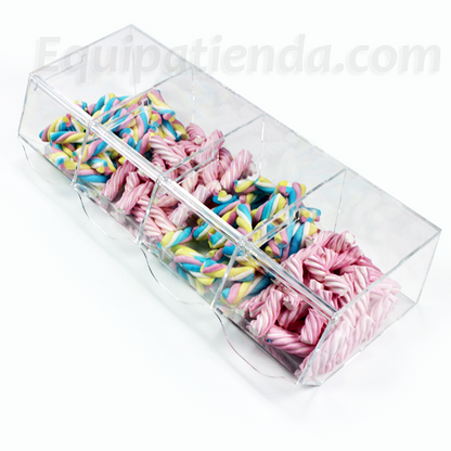 Línea de carameleras de metacrilato de 64x25x16,6cm, fabricadas a medida. Ideales para tiendas de golosinas.