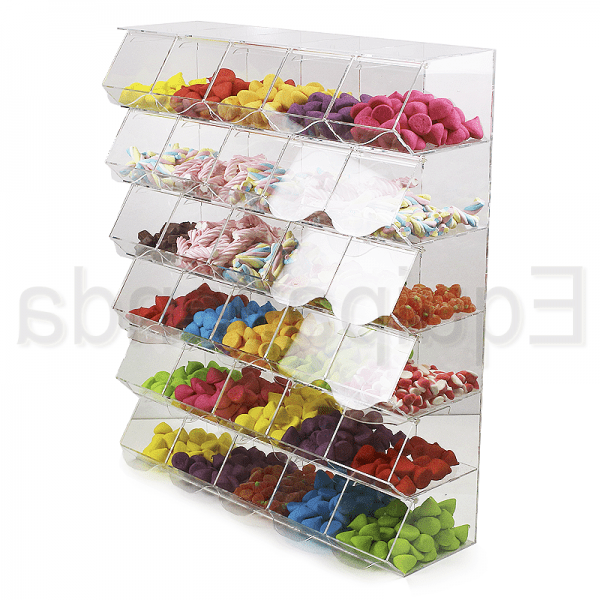Módulo expositor de carameleras de metacrilato transparente con tapas, ideal para golosinas y productos a granel.