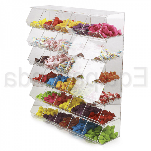 Módulo expositor de carameleras de metacrilato transparente con tapas, ideal para golosinas y productos a granel.