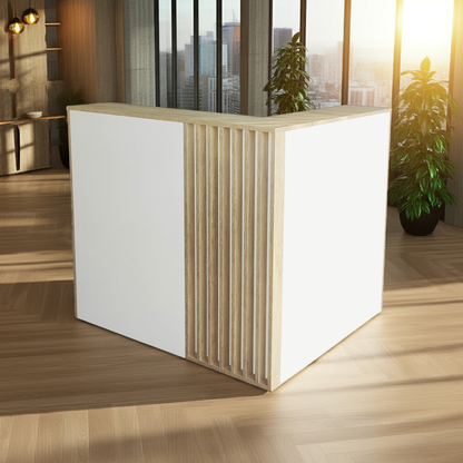 Mostrador de recepción en L de 130x110x40cm, altura 75/115cm, en melamina. Fabricado a medida para tiendas y oficinas.