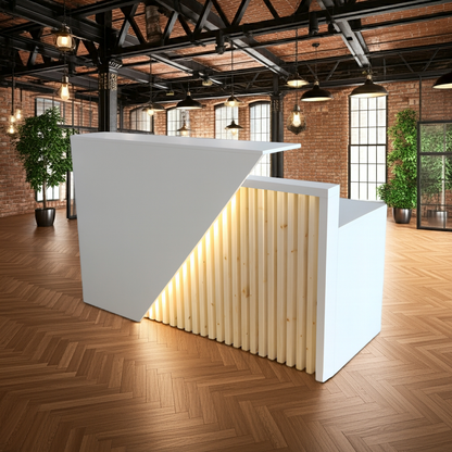 Mostrador de recepción de 150x60x110cm, en melamina, con cajón y estantes regulables. Fabricado a medida.