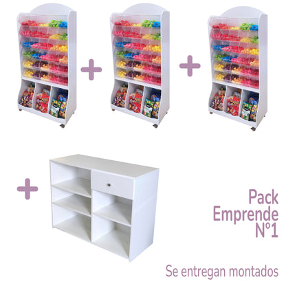 Pack Emprende Nº 1, lote de mobiliario para tienda de golosinas a precio de ahorro. Fabricado a medida en melamina.