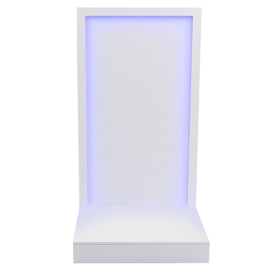 Mueble para escaparate en melamina con iluminación LED integrada y panel vertical.