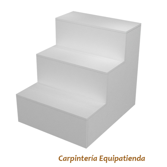 Escaparate escalonado fabricado a medida en melamina, ideal para tiendas y comercios. Diseño en niveles que permite una exposición ordenada y llamativa de productos, destacando artículos promocionales o de temporada.