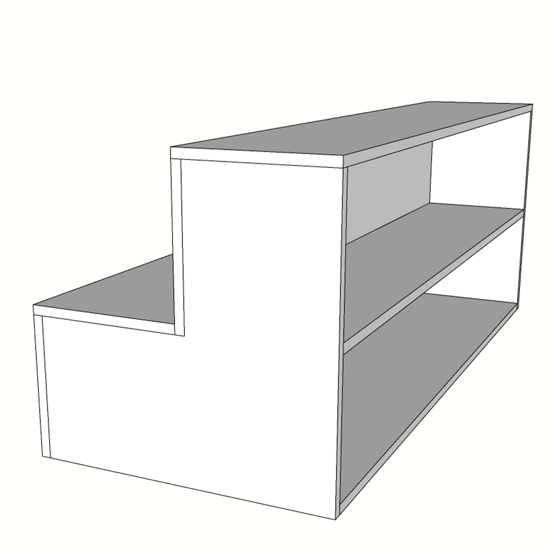 Escaparate escalonado de melamina con estante trasero, fabricado a medida. Ideal para tiendas y comercios que buscan exponer productos en varios niveles y aprovechar espacio de almacenamiento adicional. Diseño funcional y versátil. Fabricación a medida.