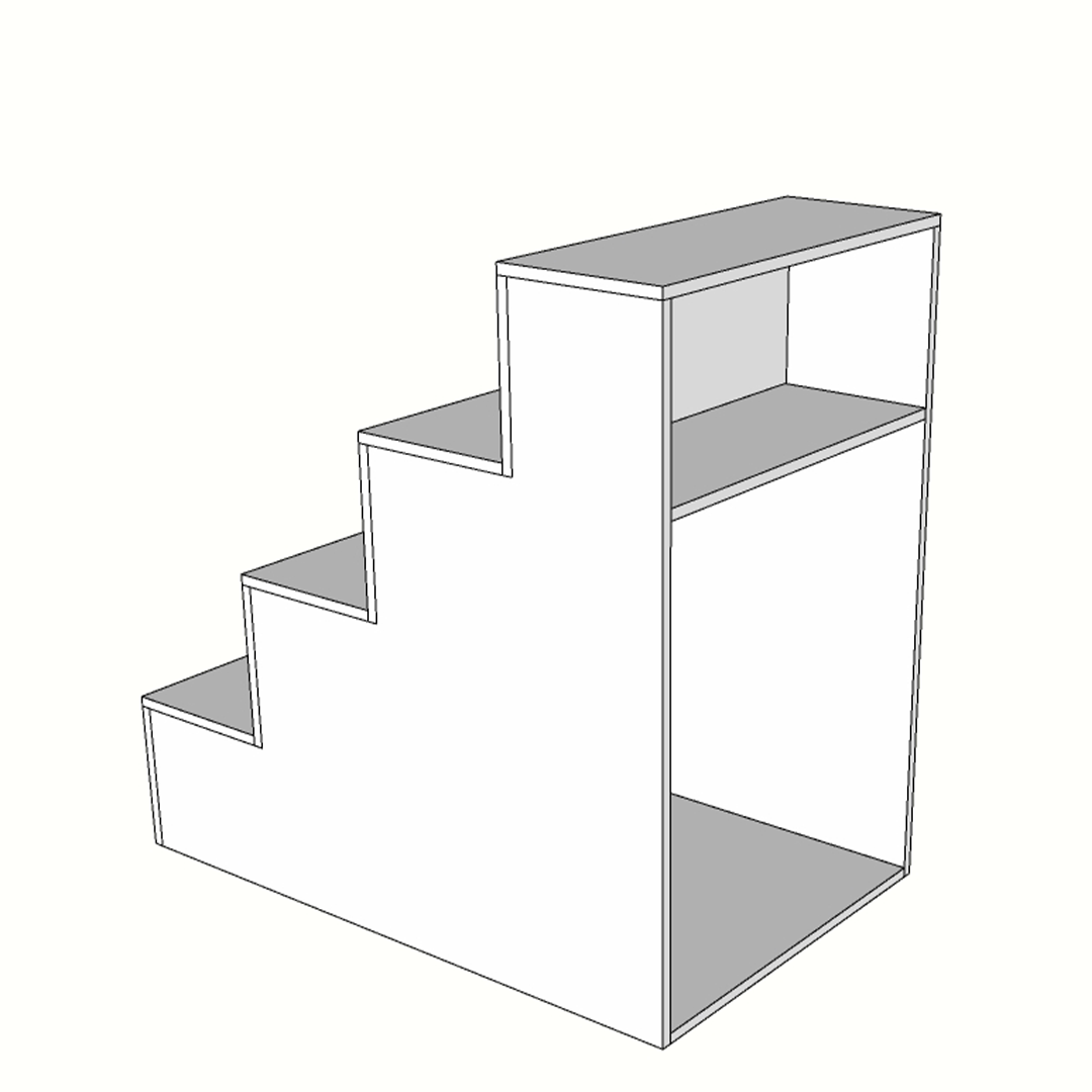 Escaparate escalonado de melamina con estante trasero, fabricado a medida. Ideal para tiendas y comercios que buscan exponer productos en varios niveles y aprovechar espacio de almacenamiento adicional. Diseño funcional y versátil.