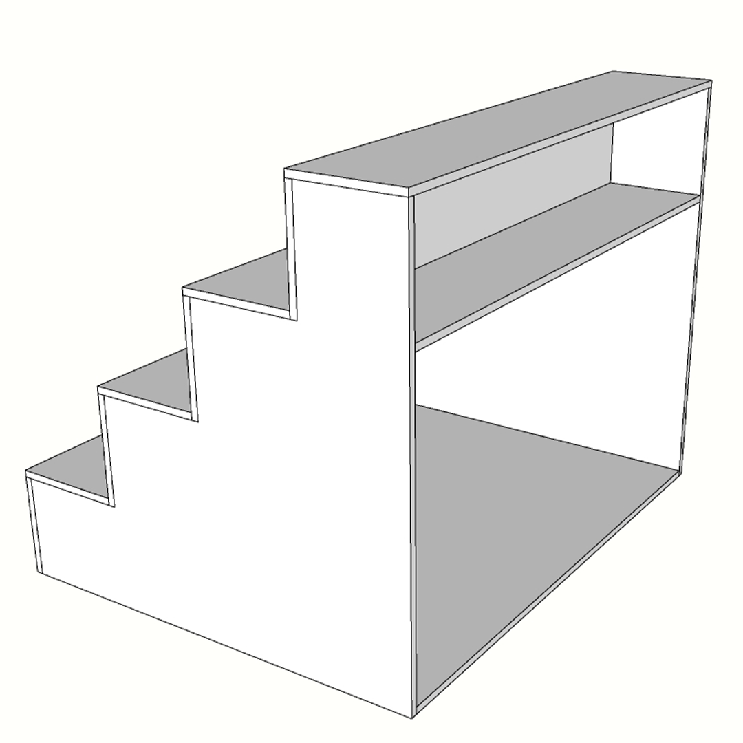 Escaparate escalonado de melamina con estante trasero, fabricado a medida. Ideal para tiendas y comercios que buscan exponer productos en varios niveles y aprovechar espacio de almacenamiento adicional. Diseño funcional y versátil.