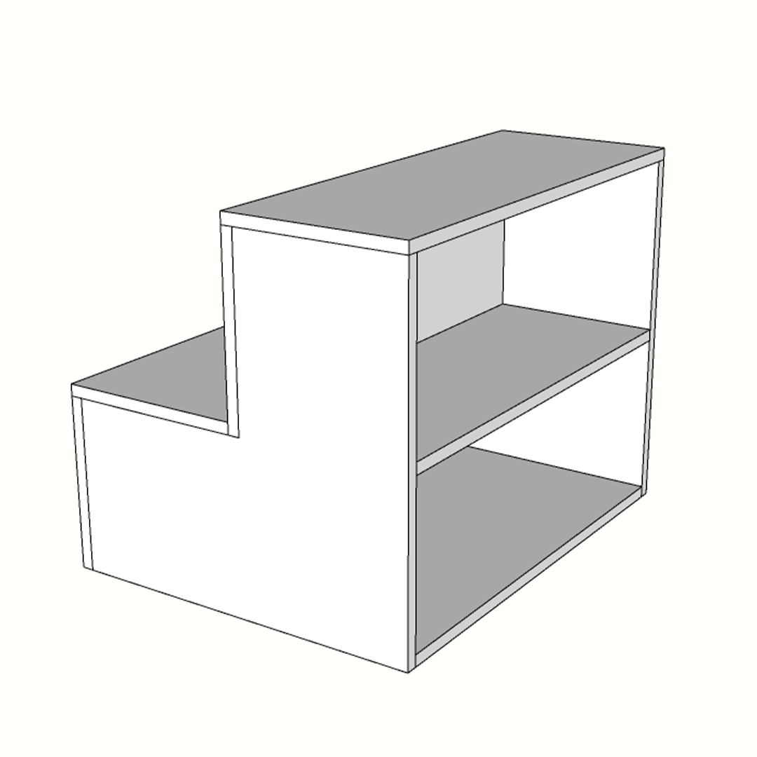 Escaparate escalonado de melamina con estante trasero, fabricado a medida. Ideal para tiendas y comercios que buscan exponer productos en varios niveles y aprovechar espacio de almacenamiento adicional. Diseño funcional y versátil.