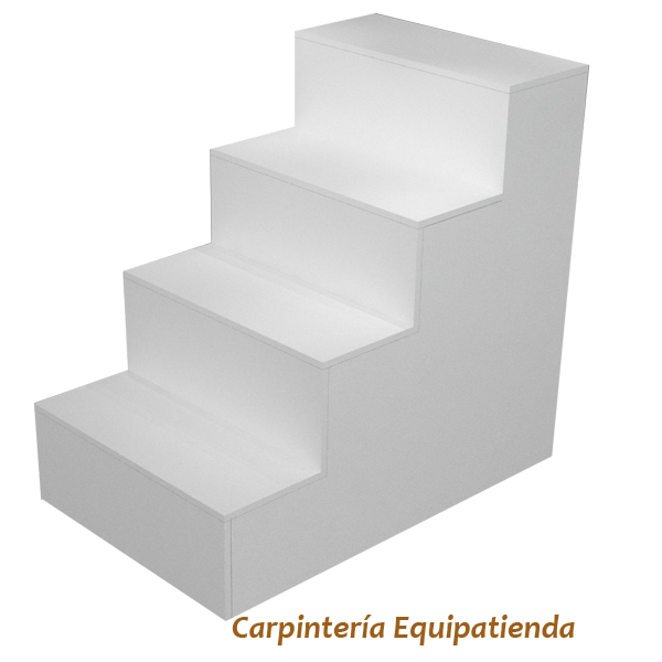 Escaparate escalonado fabricado a medida en melamina, ideal para la exposición destacada de productos en tiendas y escaparates. Diseño en niveles que mejora la visibilidad y organización de artículos promocionales.