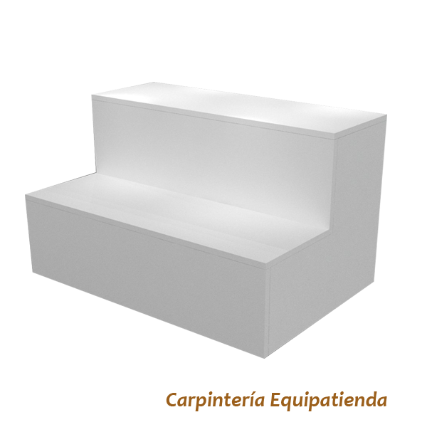 Escaparate escalonado fabricado a medida en melamina, ideal para tiendas y comercios. Diseño en niveles que permite una exposición ordenada y llamativa de productos, destacando artículos promocionales o de temporada.