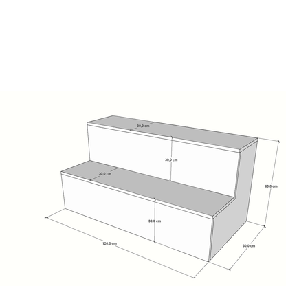 Mueble escaparate escalonado de 120x60x60cm, fabricado a medida en melamina, con puertas traseras de almacenaje. Diseño en niveles para exposición ordenada de productos.