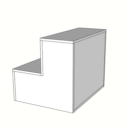 Mueble escaparate escalonado de 75x60x60cm, fabricado a medida en melamina, con puerta trasera de almacenaje. Diseño en niveles para exposición ordenada de productos en tiendas.