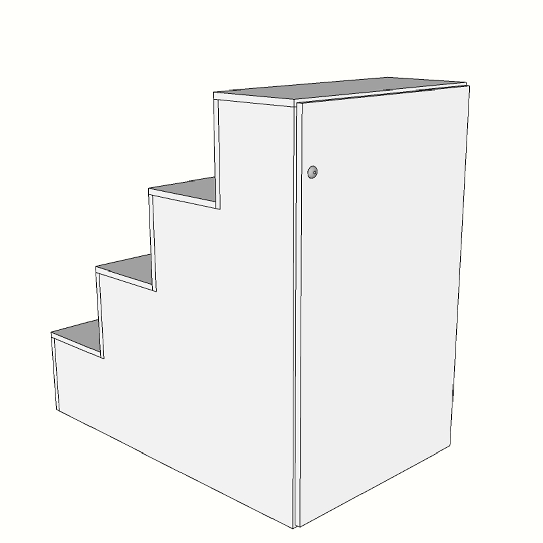 Escaparate escalonado de melamina con puerta trasera de almacenaje, fabricado a medida. Mobiliario comercial funcional y compacto, ideal para exponer productos en distintos niveles y guardar stock o materiales en su interior.