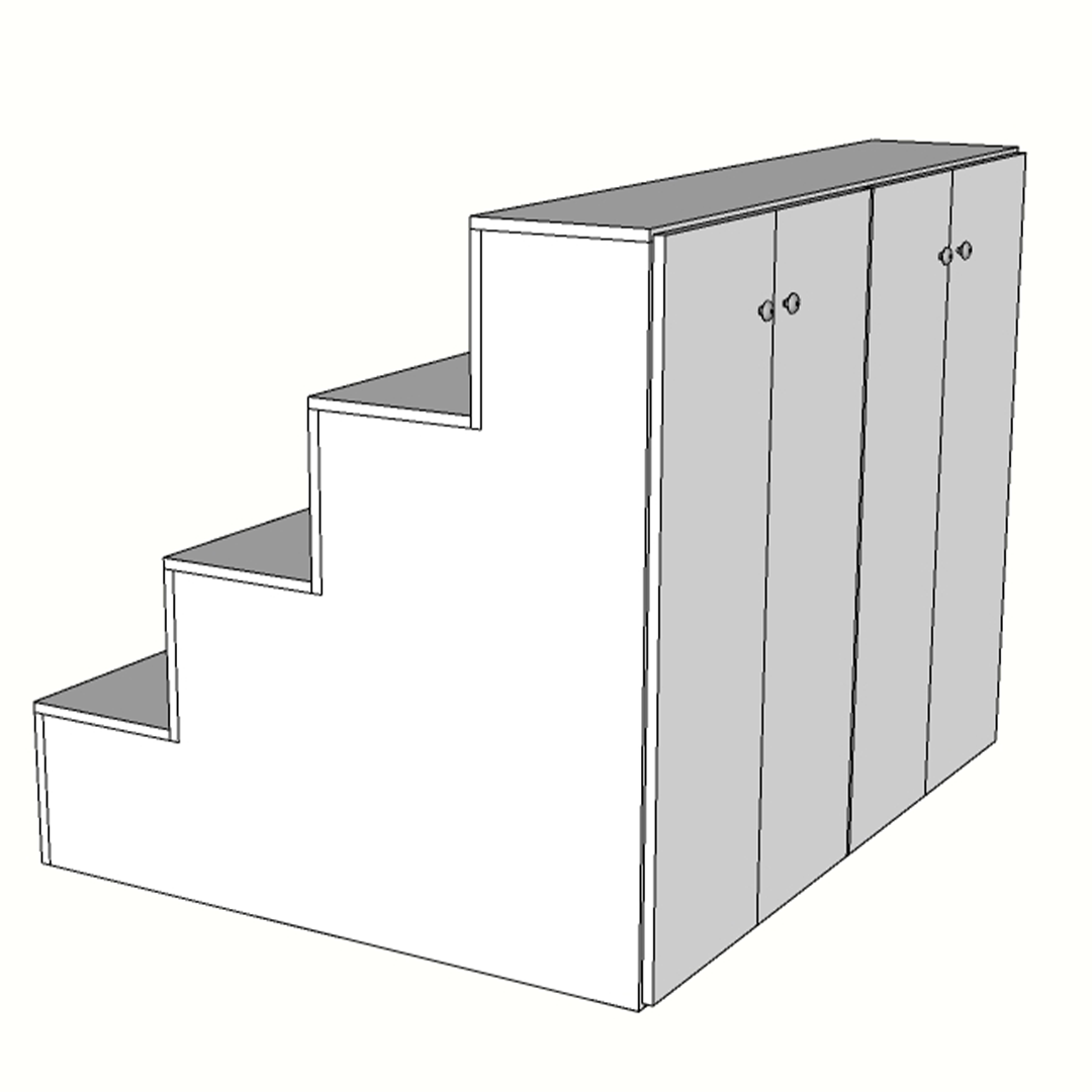 Escaparate escalonado de melamina con puertas traseras de almacenaje, fabricado a medida. Mobiliario comercial funcional y compacto, ideal para exponer productos en distintos niveles y guardar stock o materiales en su interior.