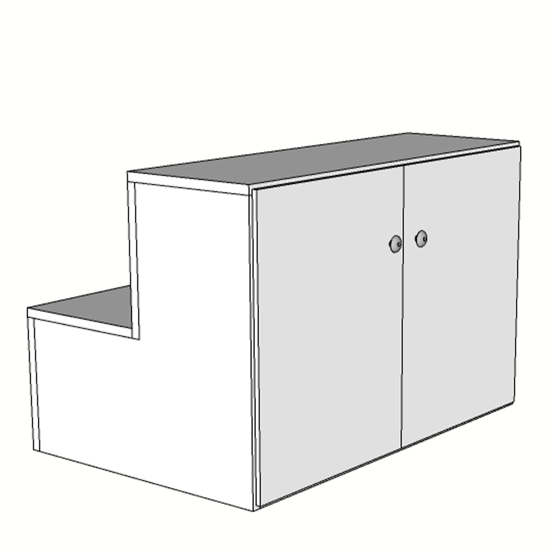 Escaparate escalonado con puertas de almacenaje, fabricado a medida en melamina. Ideal para tiendas que buscan exponer productos en distintos niveles y contar con espacio de almacenamiento oculto. Diseño funcional y compacto.