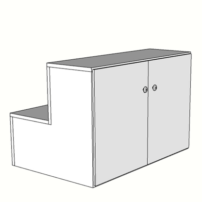 Mueble escaparate escalonado de 90x60x60cm, fabricado a medida en melamina, con puertas de almacenaje.