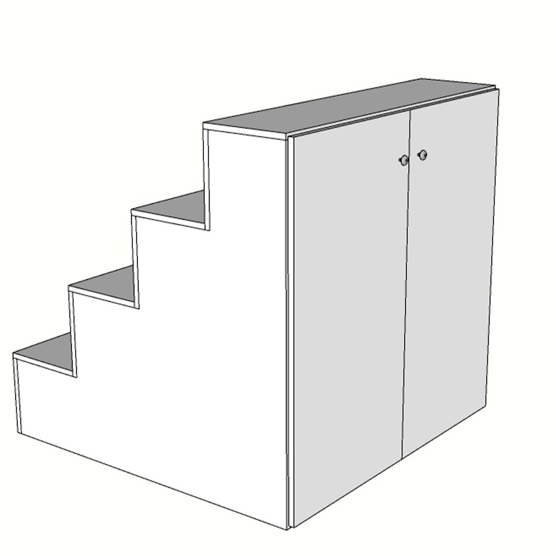 Escaparate escalonado con puertas de almacenaje, fabricado a medida en melamina. Ideal para tiendas que buscan exponer productos en distintos niveles y contar con espacio de almacenamiento oculto. Diseño funcional y compacto.