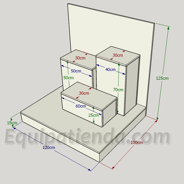 Escaparate con tarimas y pedestales de diferentes alturas, diseño versátil y atractivo para exhibiciones visuales impactantes. Fabricado con materiales de alta calidad, estructura resistente y de fácil mantenimiento. Mobiliario comercial con acabados de primera calidad y fabricación propia.