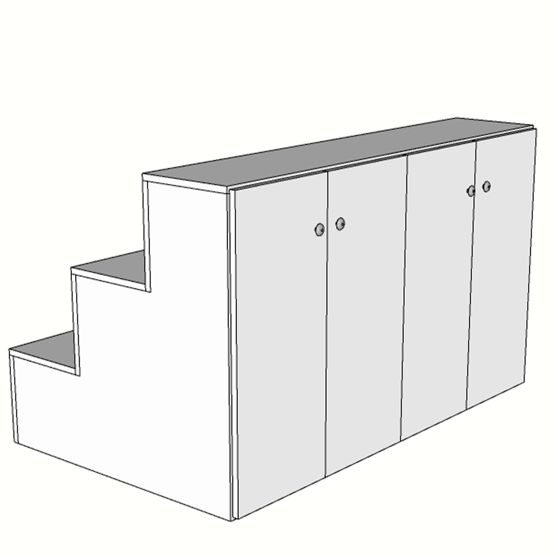 Escaparate escalonado de melamina con puertas traseras de almacenaje, fabricado a medida. Mobiliario comercial funcional y compacto, ideal para exponer productos en distintos niveles y guardar stock o materiales en su interior.