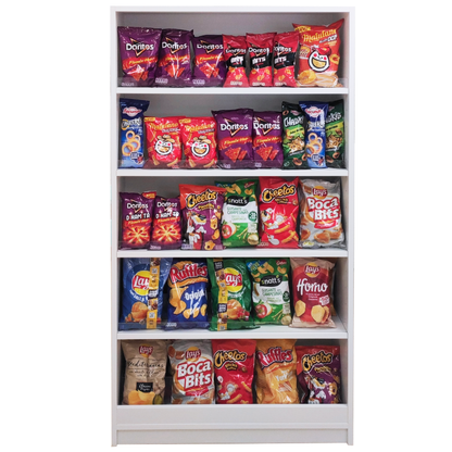 Estantería de 85x30x160cm en melamina con contención de metacrilato, fabricada a medida. Solución funcional y segura para organizar productos evitando caídas.