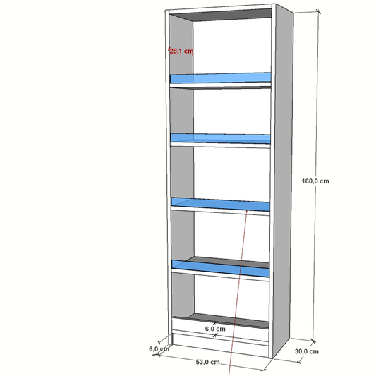 Estantería en melamina blanca con trasera reforzada, estantes regulables y contención de metacrilato, ideal para comercios y oficinas.