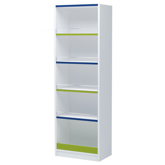 Estantería de melamina blanca con estantes regulables y contenciones de metacrilato. Ideal para todo tipo de comercios